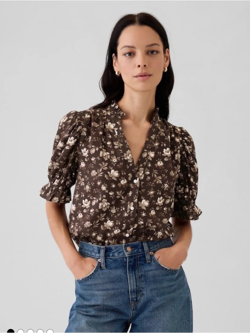 NWT Gap Floral Puff-Sleeve Button Front Top in Brown